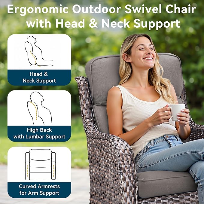 Luxury High Back Outdoor Furniture with 6-Inch Thick Cushions, Patio Furniture Set with Swivel Chairs, 4 PCS Wicker Conversation Set for Porch, Balcony, Deck and Yard