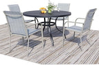 5 Pieces Round Dining Table Set for 4, Patio Dining Set Includes 4 Beige Blue Stackable Patio Chairs and 1 Black Mesh Round Table, Patio Furniture Sets with Sling Support for Outside, Garden