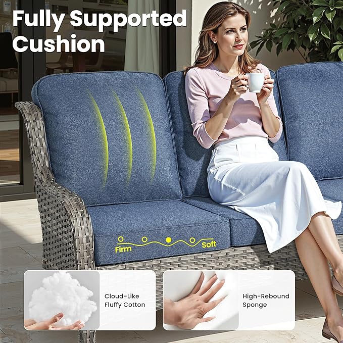ovios 6 Pieces Patio Furniture Set, Outdoor Wicker Sofa Couch with Swivel Chairs Ottomans Comfy Cushions, High Back All Weather Modern Conversation Sets, Grey Rattan, Denim Blue
