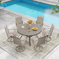 DIFY 7 Pieces Outdoor Patio Dining Set, 6 Sandshell Textilene Swivel Dining Chairs and 47.2" Grey Wood-Like Round Metal Dining Table, Outdoor Table and Chairs