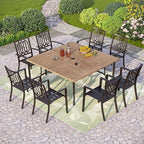 PHI VILLA 9-Piece Outdoor Dining Set, Retangualr Metal Table (60") with Umbrella Hole and 8 Stackable Dining Chairs – Perfect for Patio, Garden, Deck, Porch, and Yard, 9PCS Outdoor Dining Set Style 2