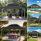SUNJOY 12 x 16 ft. Wood Gazebo, Outdoor Patio Cedar Framed Steel Hardtop Gazebo with 2-Tier Metal Roof, Suitable for Patios, Lawn and Backyard, Matte Black Roof + Gray Wood Frame