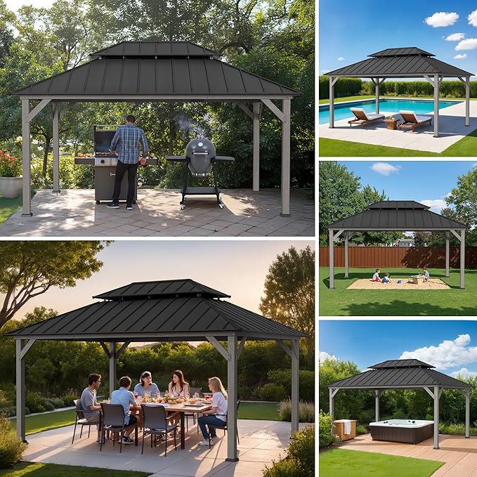 SUNJOY 12 x 16 ft. Wood Gazebo, Outdoor Patio Cedar Framed Steel Hardtop Gazebo with 2-Tier Metal Roof, Suitable for Patios, Lawn and Backyard, Matte Black Roof + Gray Wood Frame