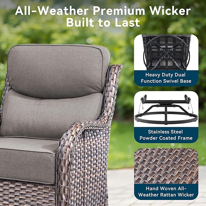 Luxury High Back Outdoor Furniture with 6-Inch Thick Cushions, Patio Furniture Set with Swivel Chairs, 4 PCS Wicker Conversation Set for Porch, Balcony, Deck and Yard