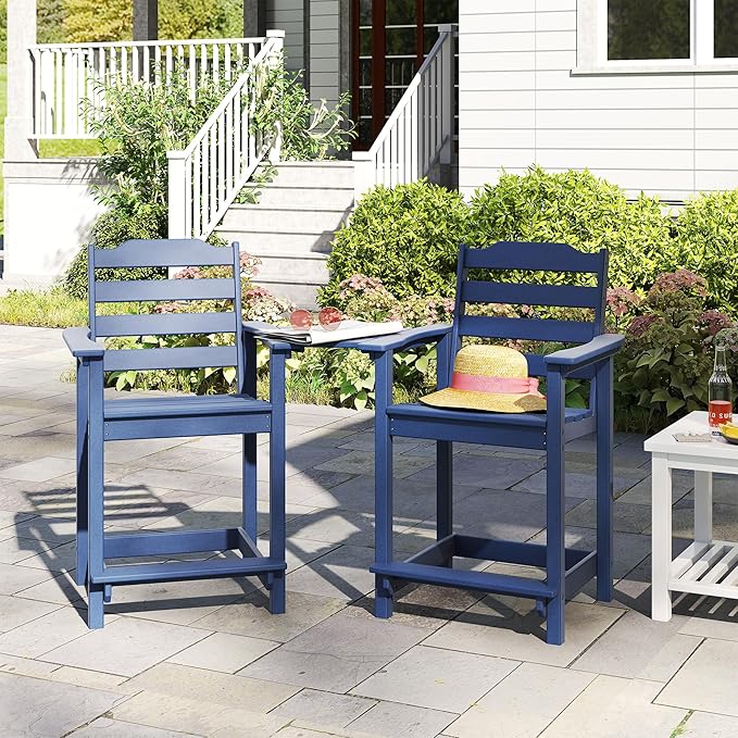 OTSUN Tall Adirondack Chairs Set of 4 with Connecting Tray, 24 inches HDPE Bar Height Outdoor Chairs, All Weather Resistant for Balcony, Porch, Kitchen (4 PCS, Navy Blue)