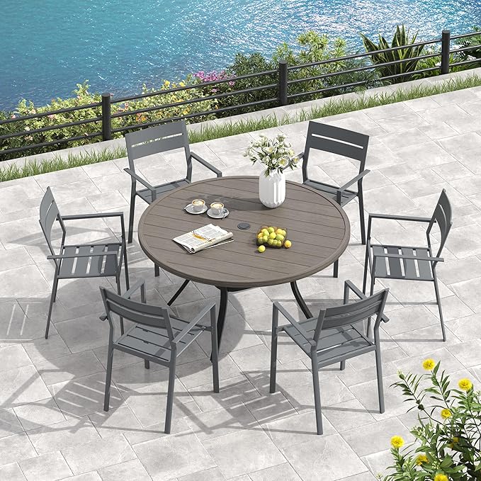 VICLLAX Outdoor Patio Round Dining Table, 53"x 53" Metal Slatted Round Tabletop with Adjustable Umbrella Hole for Deck Lawn Garden Backyard, Antique Grey