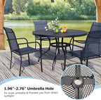 5 Pieces Round Dining Table Set for 4, Patio Dining Set Includes 4 Dark Blue Stackable Patio Chairs and 1 Black Mesh Round Table, Patio Furniture Sets with Sling Support for Outside, Garden