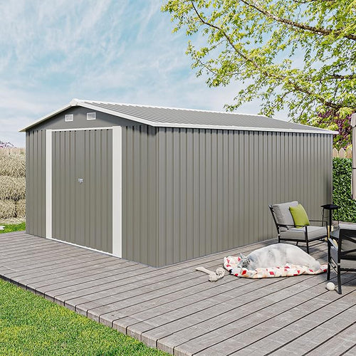 10x14 FT Outdoor Metal Storage Shed with Lockable Door, Steel Garden Utility Shed with Vents, Backyard Patio Tool Shed for Lawn Equipment, Bike, Firewood and Mower Storage, Light Gray