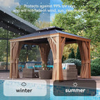 Aoxun 10' x 12' Hardtop Gazebo, Wooden Finish Coated Aluminum Frame Canopy, Galvanized Steel Double Top, Outdoor Permanent Metal Pavilion with Curtains and Netting, for Backyard, Patio and Deck