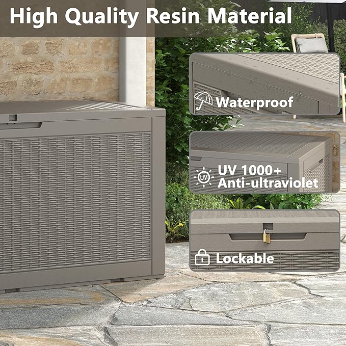 NUNU LAB 101 Gallon Large Waterproof Resin Deck Box, Lockable Outdoor Storage Box with Gas Lift, Patio Cushions, Garden Tools, Pool Supplies, Indoor Outdoor Storage Container, Grey