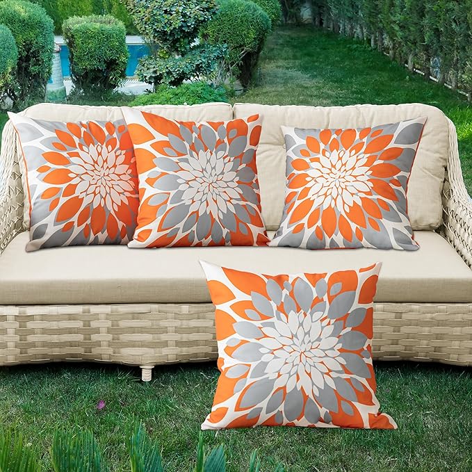 Qahing Pack of 4 Fall Outdoor Waterproof Pillow Covers 16x16 Decorative Outdoor Throw Pillows Garden Square Cushion Cases for Patio Furniture, Couch, Tent Sunbrella, Bench, Orange Grey