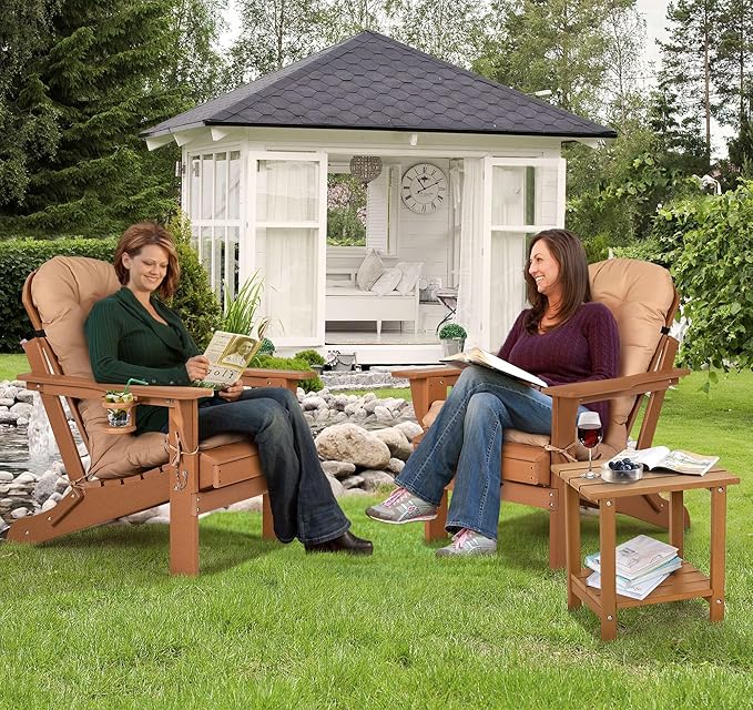 nalone Folding Adirondack Chair with Cushion with Cup Holder, HDPE Plastic Oversized Patio Chair Weather Resistant, Used in Outdoor, Fire Pit, Deck, Garden, Campfire Chairs (Teak)