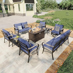 9 Pieces Modern Patio Furniture Set, All Weather Metal Outdoor Conversation Sets with Fire Pit Table for Backyard Garden Deck Porch Poolside, Blue