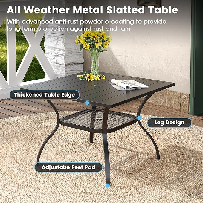 DIFY 5 Pieces Outdoor Patio Dining Set for 4, 37.8" Black Metal Square Dining Table and 4 Blue Textilene Patio Swivel Chairs, Outdoor Table and Chairs
