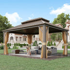 YOLENY 12' x 16' Gazebo Hardtop with Aluminum Frame,Galvanized Steel Double Roof Gazebos with Curtain and Netting,Outdoor Metal Pergolas for Garden, Lawn, Deck, Brown