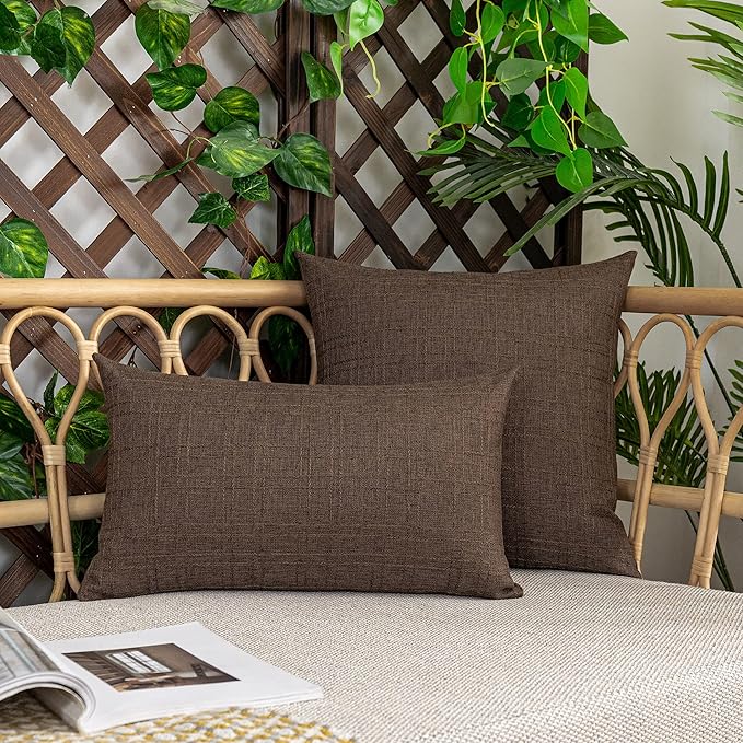 Kevin Textile Pack of 2 Outdoor Waterproof Throw Pillow Covers Decorative Farmhouse Checkered Square Solid Cushion Cases for Patio Garden Porch Sofa Brown 18x18 inch