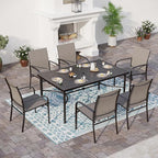 Patio Dining Set for 6, 64" Rectangular Metal Dining Table with Umbrella Hole and 6 Chairs, Outdoor Table and Chairs Set for Lawn Garden Backyard and Deck, Brown