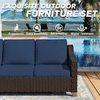 77'' Patio Sofa, All Weather Outdoor Rattan Wicker 3-Seat Sofa High Back Couch with Premium Cushions for Garden Backyard Porch(Brown/Navy)