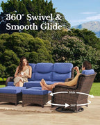 HILLGA Luxury Patio Furniture Set with 6-Inch Thick Cushions, High Back Outdoor Swivel Rocker Chairs and Patio Couch, 7-Piece All Weather Conversation Set for Porch Deck Pool Yard, Blue (V3)