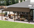 Domi 12’x20’ Lean-to Gazebo, Hardtop Wall-Mounted Gazebo Pergola with Sloping Galvanized Steel Roof and Upgraded Drainage System, Outdoor Permanent Metal Shelters for Patio Backyard Deck, Brown