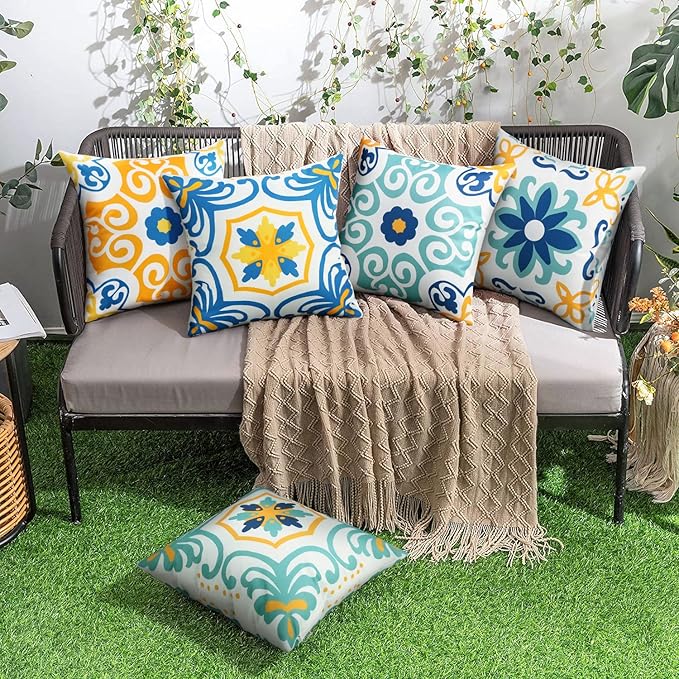 Outdoor Waterproof Throw Pillow Covers Set of 4 Floral Printed and Boho Farmhouse Outdoor Pillow Covers for Patio Funiture Garden 20x20 Inch Blue