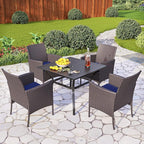 PHI VILLA 5 Piece Patio Dining Set for 4, 37" Square Metal Dining Table with Umbrella Hole & 4 Cushioned Rattan Chairs for Outdoor, Deck, Yard, Porch