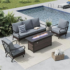 MFSTUDIO 4 Pieces Outdoor Patio Furniture Set, Metal Outdoor Conversation Set, Rattan Wicker Patio Sectional Set with 2 x Rocking Single Sofa, 3-Seat Sofa, 1 x Fire Pit Table, Grey