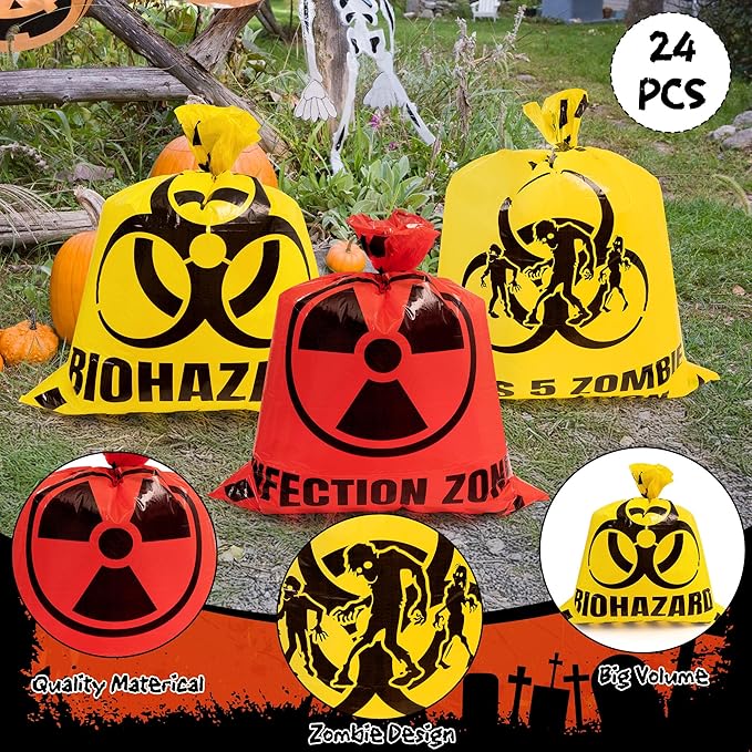CNhoqc Halloween Lawn Trash Bags - 6Pcs Zombie Warning Reusable Waste Bags with Twist Ties, Fallen Leaf Grass Clipping Trash Container, Heavy-Duty Plastic for Biohazard Parties Outdoor Decorations