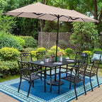 PHI VILLA Patio Dining Set 8 PCS with 13ft Double-Sided Patio Umbrella(Beige)，Metal Outdoor Dining Set - 6 x Outdoor Stackable Chairs, 1 x 60"x38"Rectangle Dining Table and 1 Umbrella