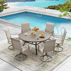 DIFY 50" Round Outdoor Patio Dining Table for 6, All-Weather Metal Steel Slatted Patio Table with 1.57" Adjustable Umbrella Hole, for Lawn Garden Porch Backyard, Grey Wood-Like