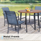 5 Pieces Round Dining Table Set for 4, Patio Dining Set Includes 4 Blue Stackable Patio Chairs and 1 Walnut Round Table, Patio Furniture Sets with Sling Support for Outside, Garden