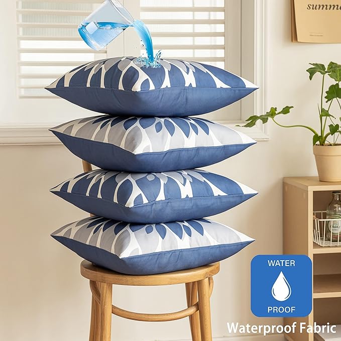 Qahing Pack of 4 Outdoor Waterproof Pillow Covers 16x16 Decorative Outdoor Throw Pillows Garden Square Cases for Patio Furniture, Couch, Tent Sunbrella, Bench, Blue Grey