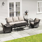 5 Pieces Outdoor Conversation Furniture Set - 77" Patio Sofa, 2 Swivel Rocker Chairs, 1 Side Table, 1 Metal Coffee Table, Patio Wicker Couch Set with Washable Cushions for Porch (Beige)