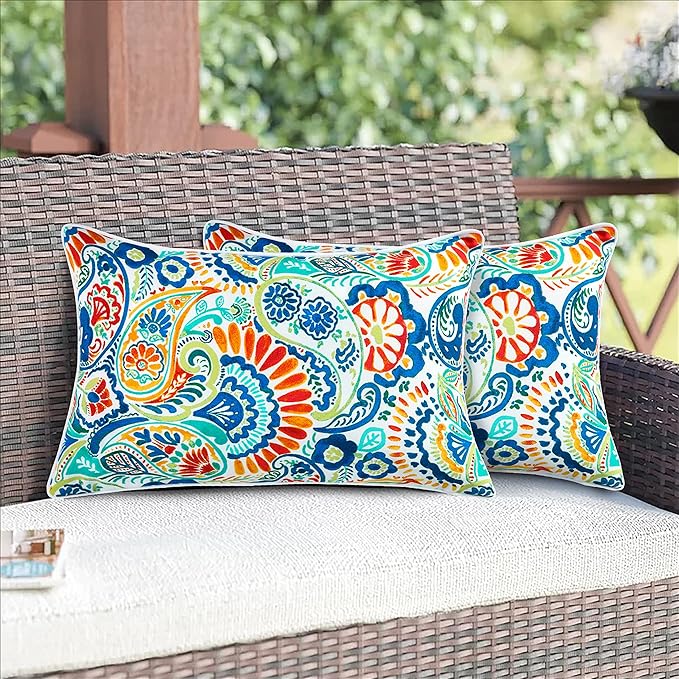 Magpie Fabrics Patio Lumbar Pillow Covers ONLY 20"x12", Set of 2, Outdoor Indoor Cushion Cases Decorative Throw Rectangular Pillowcase Shell for Couch Garden - Paisley Multi