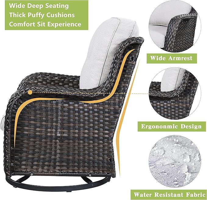 Outdoor Wicker Patio Furniture Set - 5 Piece Rattan Patio Conversation Set with 2 Rocking Swivel Chairs,2 Ottomans and 1 Loveseat for Porch Deck Backyard Garden(Brown/Beige)