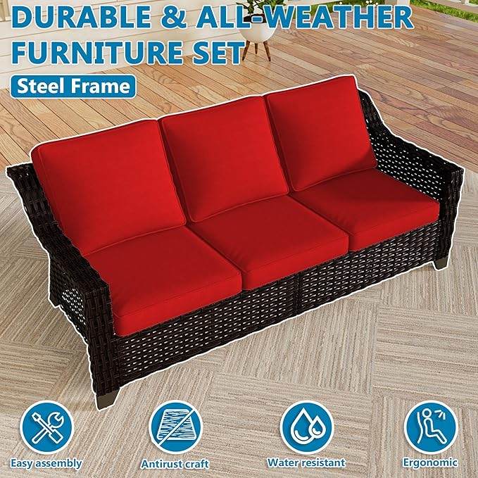 Vista Vibe 78" Patio Wicker 3-seat Sofa, Deep Seat & Upholstered Loveseat, Outdoor All-Weather Rattan Couch with Removable Cushions, Steel Frame Couch for Garden, Poolside (Brown/Red)