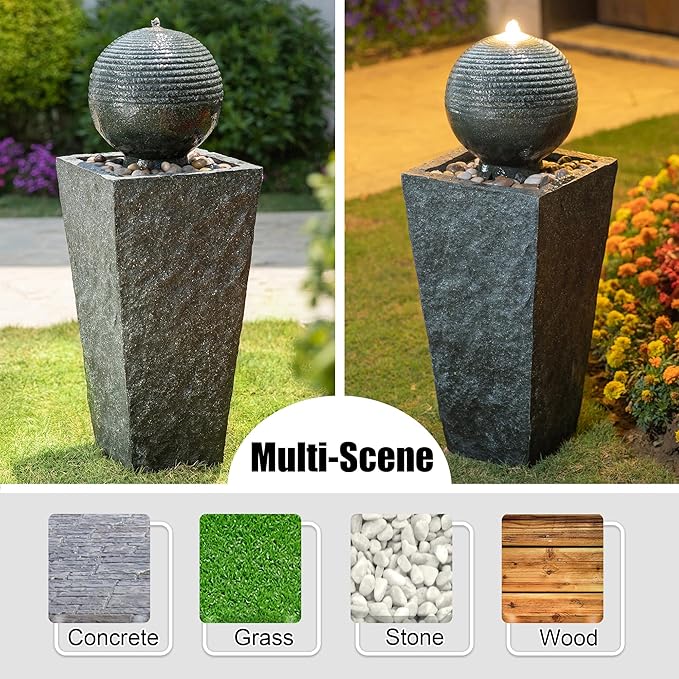Glitzhome Outdoor Water Fountain with LED Light, Decorative Sphere Pedestal Outdoor Fountain with Submersible Pump, Vintage Waterfall Fountains for Garden Patio Deck Porch, 31.69”H