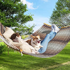 Double Hammock, 11 FT Quilted Fabric 2 Person Hammock for Outside with Pillow, Folding Curved Spreader Bar, Chains, Carrying Bag, Indoor Outdoor, 450 IB Capacity, Aqua Green