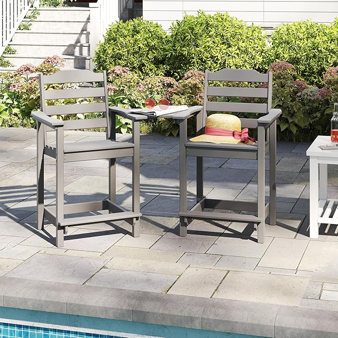 OTSUN Tall Adirondack Chairs Set of 4 with Connecting Tray, 24 inches HDPE Bar Height Outdoor Chairs, All Weather Resistant for Balcony, Porch, Kitchen (4 PCS, Grey)