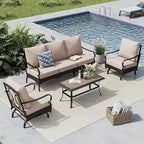MFSTUDIO 4 Pieces Outdoor Patio Furniture Set, Metal Outdoor Conversation Set, Rattan Wicker Patio Sectional Sofa Set with 2 x Rocking Single Sofa, 3-Seat Sofa, 1 x Coffee Table, Beige