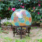 Wrought Iron Gazing Ball Stand for 10 or 12 Inch Gazing Balls – Low-Profile Garden Orb Holder, Outdoor Decorative Display for Yard, Patio, and Lawn Decor，Butterfly