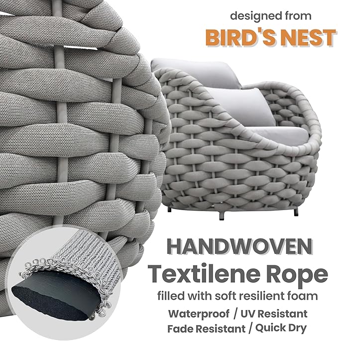 4 PCS Patio Deck Accent Chair: Large Woven Rope Chair Cushioned - Aluminum Modern Single Lounge Armchair Assembled - All Weather Outdoor Seating for 400lbs Lanai Balcony Porch Garden Hotel, Gray