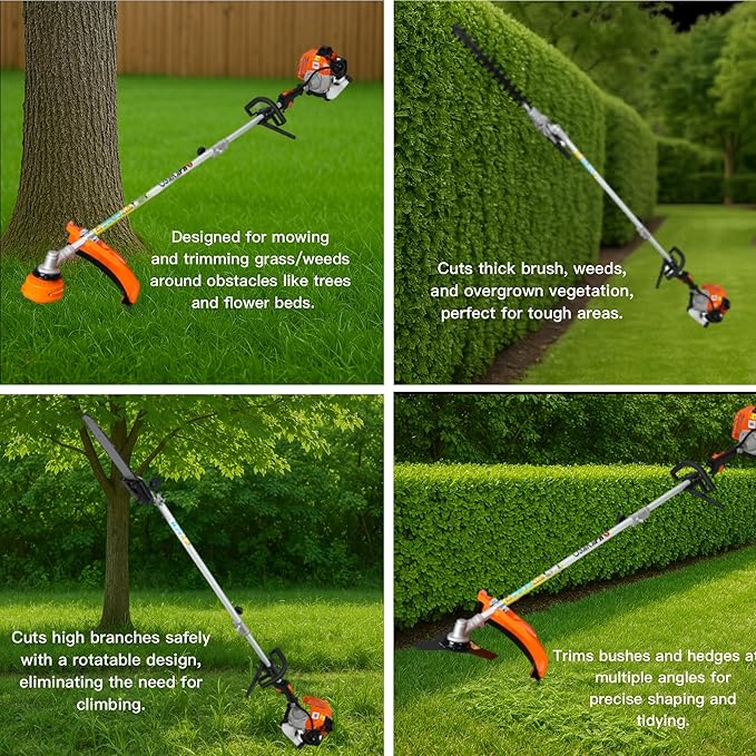33cc 2-Cycle Gas Multi-Trimmer | 4-in-1 String Trimmer w/Rotatable Pole Saw, Weed Eater Weed Wacker, Brush Cutter & Hedge Trimmer Gas for Lawn, Yard, Garden Care, All-in-one Garden Tool