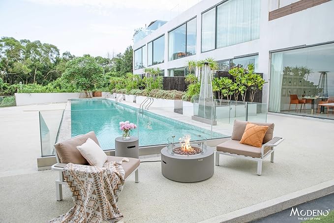 AMS Fireplace | Modeno Tramore Package | Light Gray Liquid Propane Gas Fire Pit Table for Outside Patio Bundle with Tank Cover, Wind Guard, and SS Burner Lid | Free Ice Bucket & Rubber Mat
