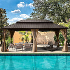 Domi 12’ x 18’ Hardtop Gazebo Aluminum Frame Canopy with Netting & Curtains, Outdoor Permanent Metal Pavilion with Galvanized Steel Double Roof for Patio Lawn and Garden, Brown