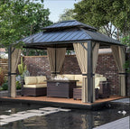 12x14ft Hardtop Gazebo Double Roof, Outdoor Pavilion with 2-Layer Hard top Galvanized Iron Frame Garden Tent, Suitable for courtyards, backyards, Decks, and Grass