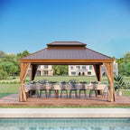 12' X 16' Hardtop Gazebo, Outdoor Aluminum Patio Gazebo Double Roof Galvanized Steel Wooden Finish Coated Canopy with Netting and Curtains for Garden, Patio, Backyard, Deck and Lawns.