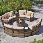 MEISSALIVVE 11 Piece Outdoor Patio Furniture Set, Half-Moon Curved Sectional Sofa Rattan Conversation Set with Wood Armrests, Coffee Table & 2 Side Table（Brown）