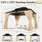 13'x 15' Outdoor Wooden Gazebo, Patio Hardtop Gazebos with Double Roof, Double Galvanized Steel Hardtop Roof Wood Frame with Netting and Curtains (13'x 15')