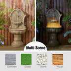 Glitzhome Outdoor Wall Mounted Water Fountain with LED Light and Pump, Antique European Style Multi-Tiered Faux Granite Sculptural Pedestal Outdoor Fountain for Porch Deck Patio Backyard, 49.25" H